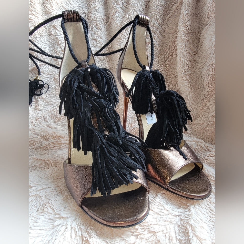 Jimmy Choo 37.5 bronze and black tassel heels